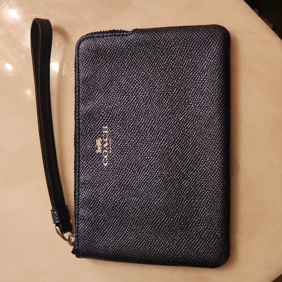Coach Handbags - NWT metallic navy Coach small corner zip wristlet bag blue wallet